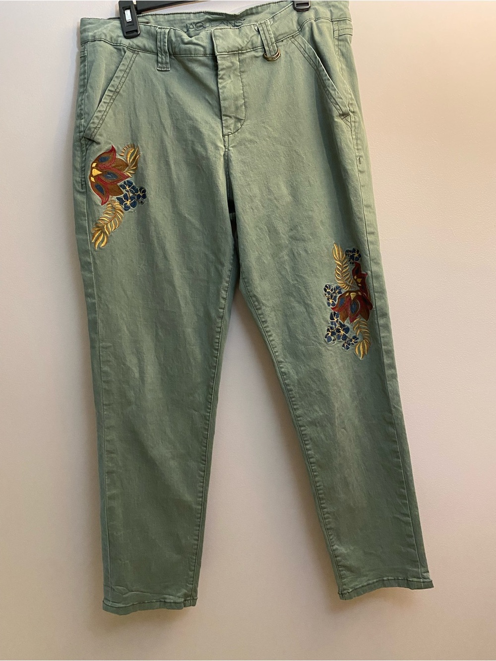 Jag Jeans Sage Green Boyfriend Jeans with Embroidered Floral Accents